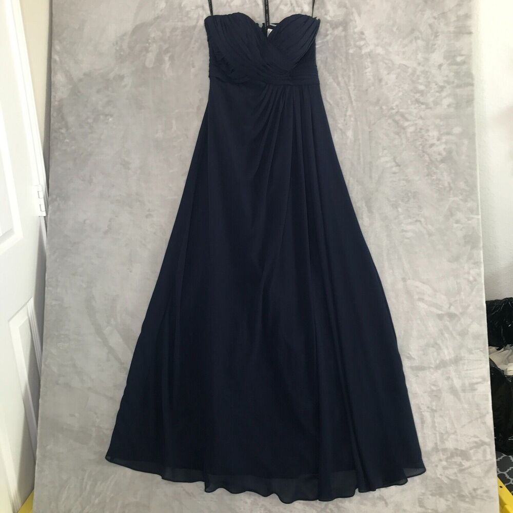 Bill Levkoff Bridesmaids Dress Womens 4 Navy Blue Strapless Maxi Empire Waist